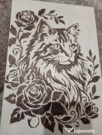 Tablou Lemn Pirogravat Manual - Pisică cu Trandafiri (Handmade) 