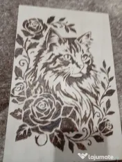 Tablou Lemn Pirogravat Manual - Pisică cu Trandafiri (Handmade)
