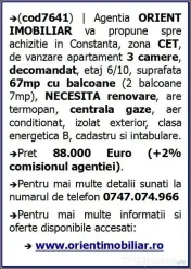 CET, de vanzare 3 camere, decomandat, gaze 