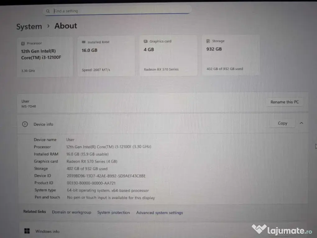 Sistem PC i3 12100F 16 Gb RAM RX 570 4GB 1Tb SSD M.2 cu monitor 27 inch 2k