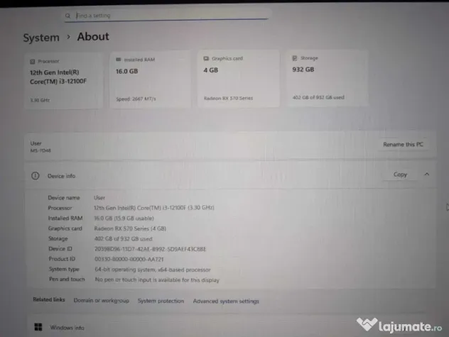 Sistem PC i3 12100F 16 Gb RAM RX 570 4GB 1Tb SSD M.2 cu monitor 27 inch 2k