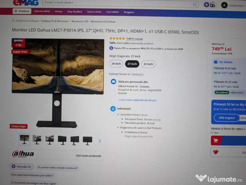 Sistem PC i3 12100F 16 Gb RAM RX 570 4GB 1Tb SSD M.2 cu monitor 27 inch 2k