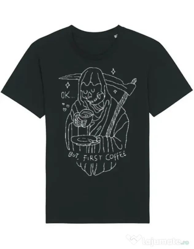 Tricou STANLEY STELLA barbat OK But First Coffee Negru