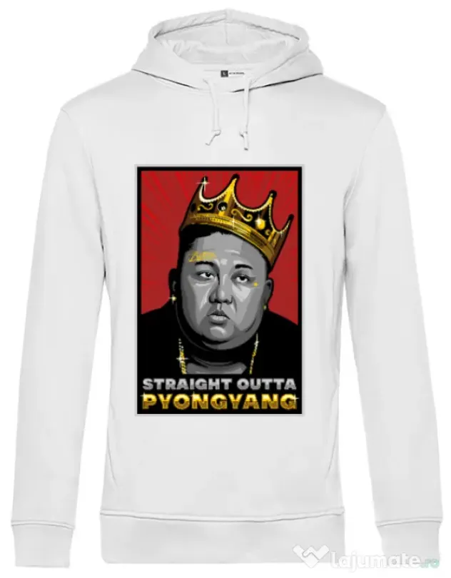 Hoodie barbat cu gluga Straight outta Pyongyang Alb