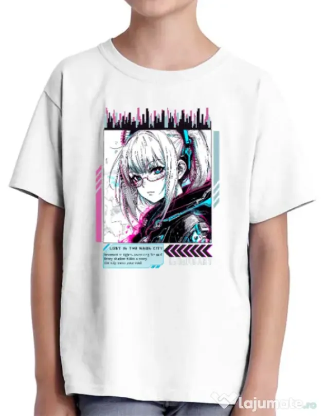 Tricou personalizat copil LOST IN THE NEON CITY Alb