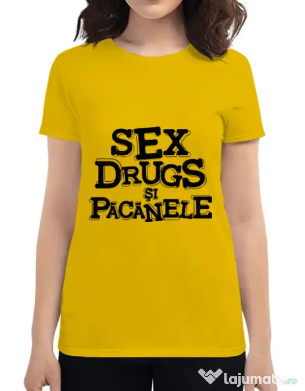 Tricou ADLER dama Sex, drugs si pacanele Galben