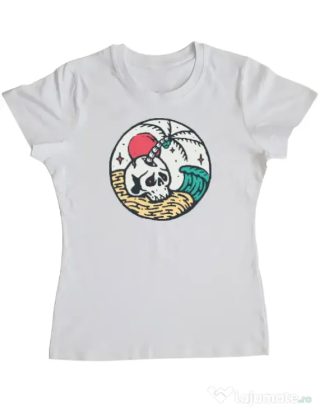 Tricou ADLER dama Skull and beach Alb