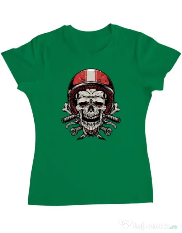 Tricou personalizat dama Skull Biker Verde mediu