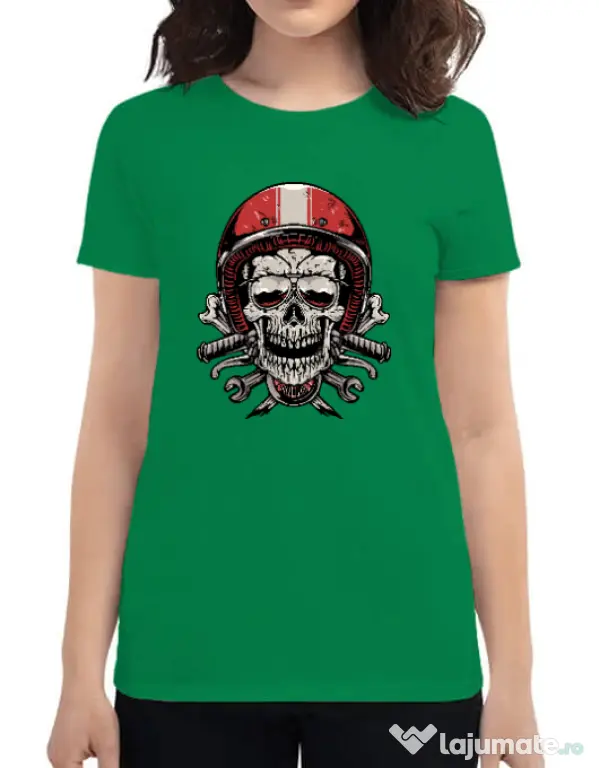 Tricou personalizat dama Skull Biker Verde mediu