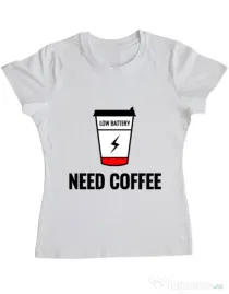 Tricou ADLER dama Need coffee Alb