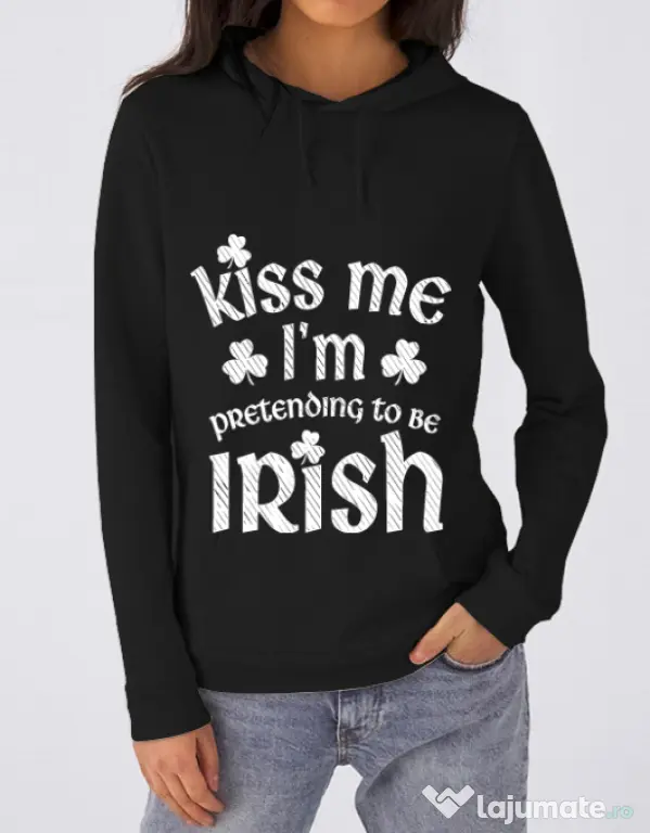Hoodie dama cu gluga Pretending to be irish Negru