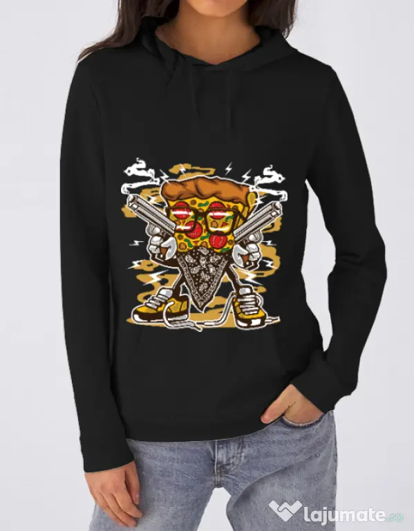 Hoodie dama cu gluga Pizza Gangster Negru