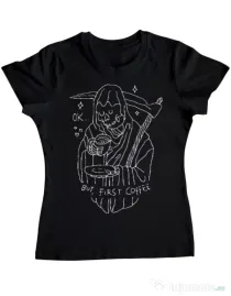 Tricou ADLER dama OK But First Coffee Negru