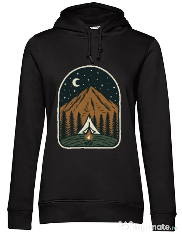 Hoodie dama cu gluga Camp mountain night Negru