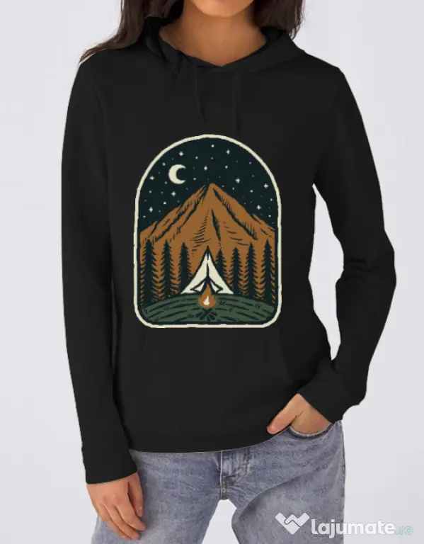 Hoodie dama cu gluga Camp mountain night Negru