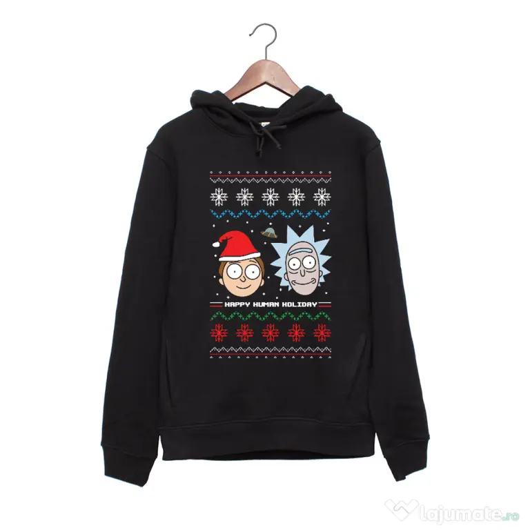Hanorac personalizat negru unisex Rick and Morty Christmas