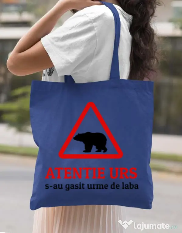 Sacosa din panza Atentie urs Albastru regal
