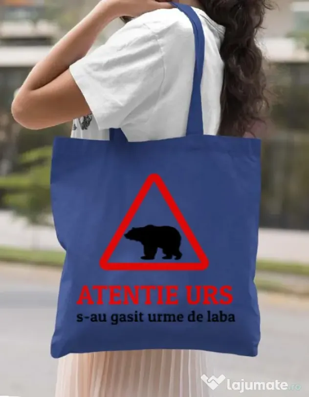 Sacosa din panza Atentie urs Albastru regal