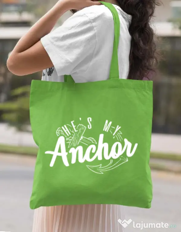 Sacosa din panza He s my anchor Verde mar