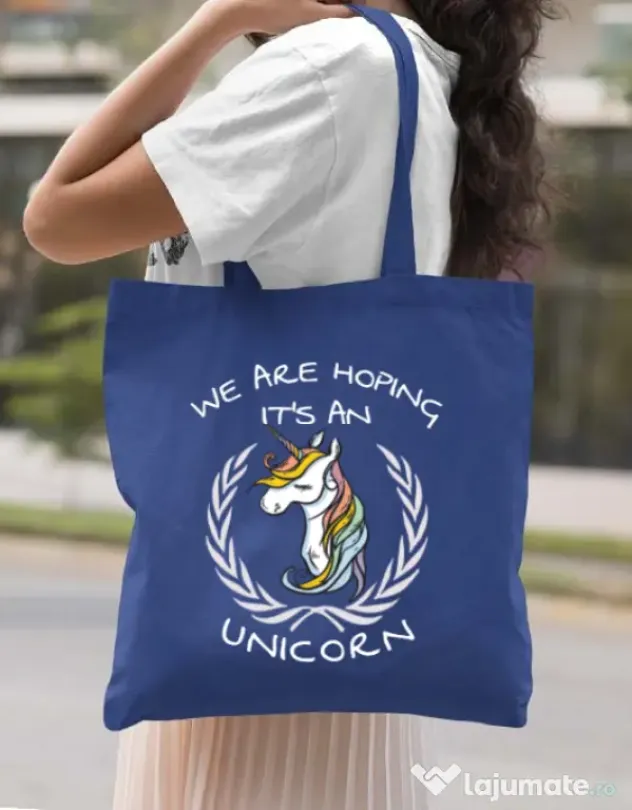 Sacosa din panza Hoping for an unicorn Albastru regal