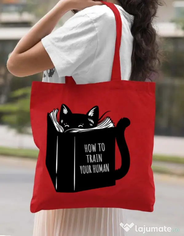 Sacosa din panza How to train your human Rosu