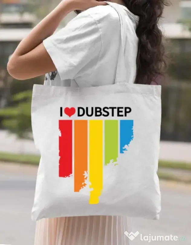 Sacosa din panza I love dubstep Alb