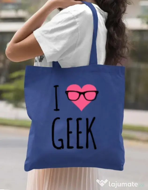 Sacosa din panza I love geek Albastru regal