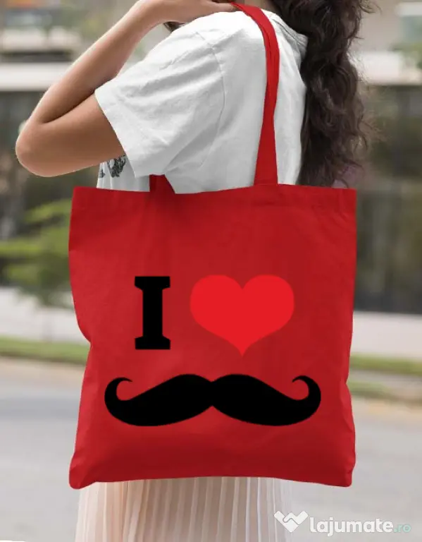 Sacosa din panza I love moustaches Rosu