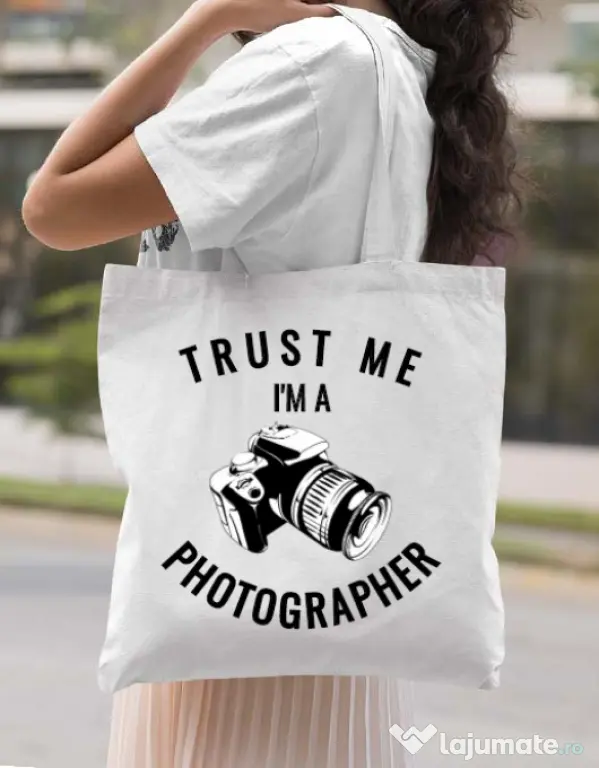 Sacosa din panza I’m a photographer Alb