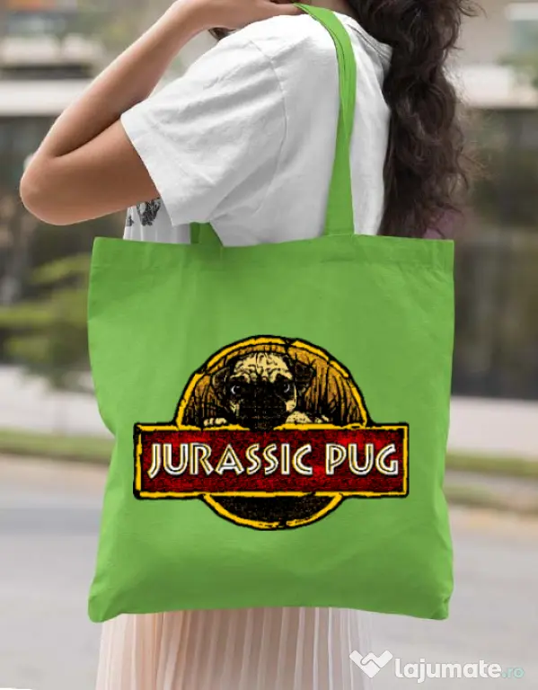 Sacosa din panza Jurassic Pug Verde mar