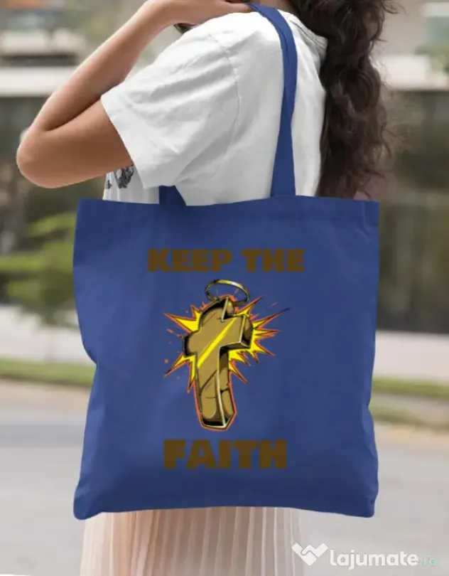 Sacosa din panza Keep the Faith Albastru regal