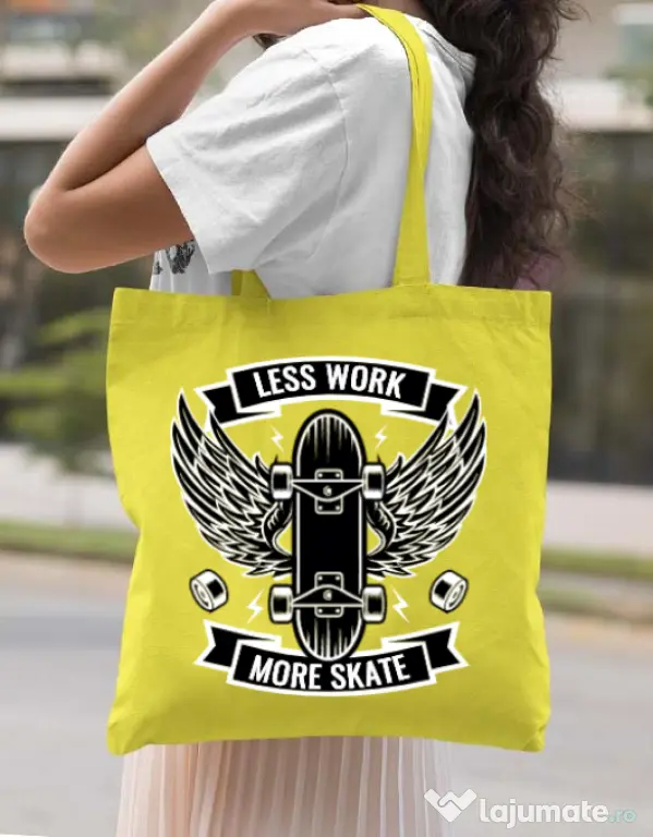 Sacosa din panza Less work more skate Galben