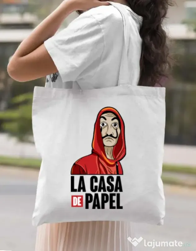 Sacosa din panza Money heist Alb