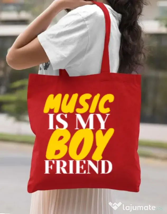 Sacosa din panza Music is my boyfriend Rosu