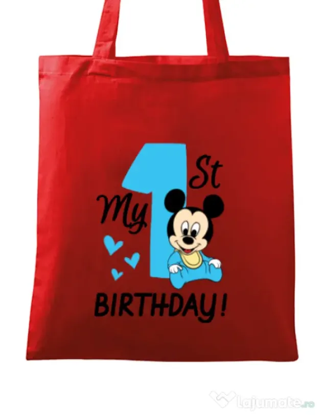 Sacosa din panza My first birthday Rosu