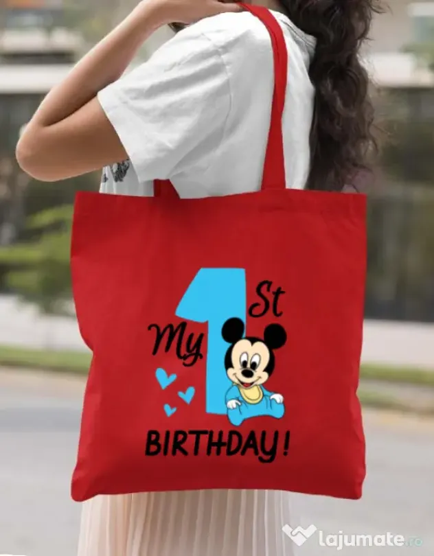 Sacosa din panza My first birthday Rosu