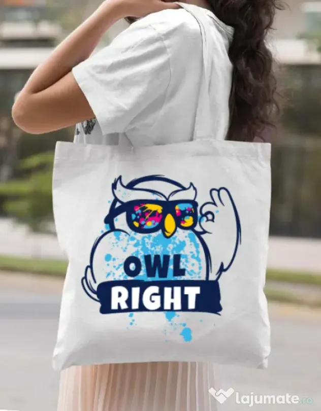 Sacosa din panza Owl right Alb