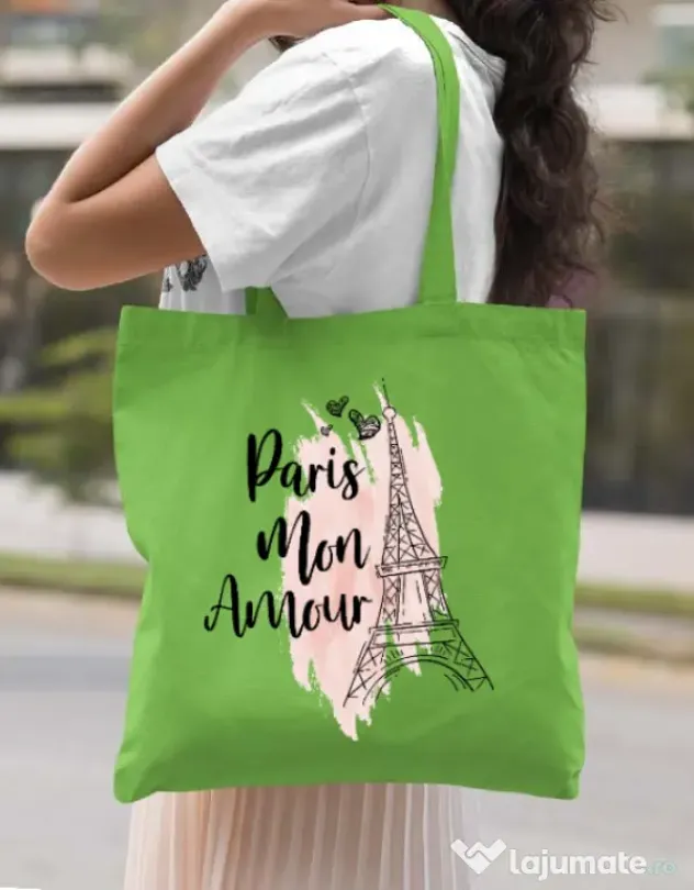 Sacosa din panza Paris mon amour Verde mar