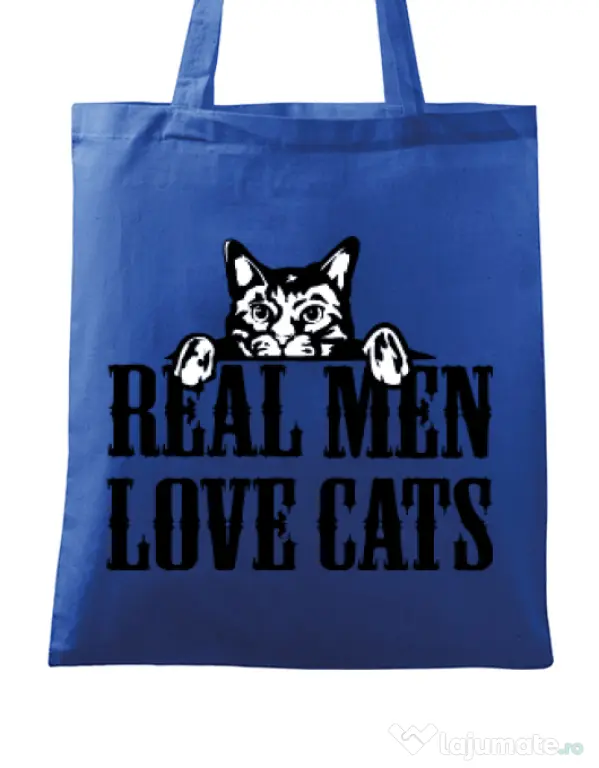 Sacosa din panza Real men love cats Albastru regal