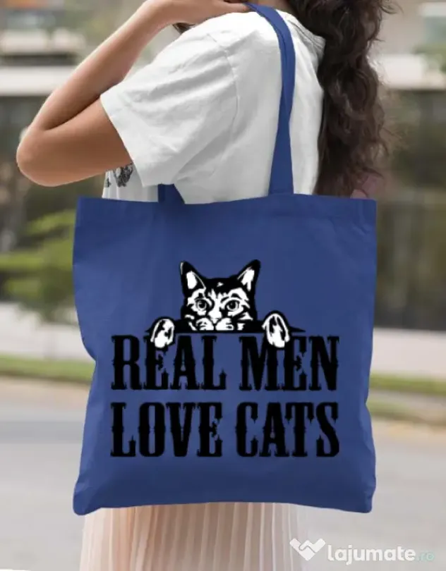 Sacosa din panza Real men love cats Albastru regal
