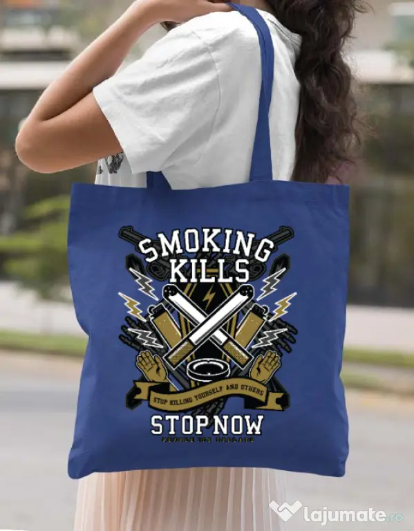 Sacosa din panza Smoking Kills Albastru regal