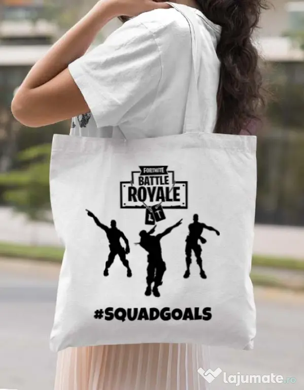 Sacosa din panza Squad goals Alb
