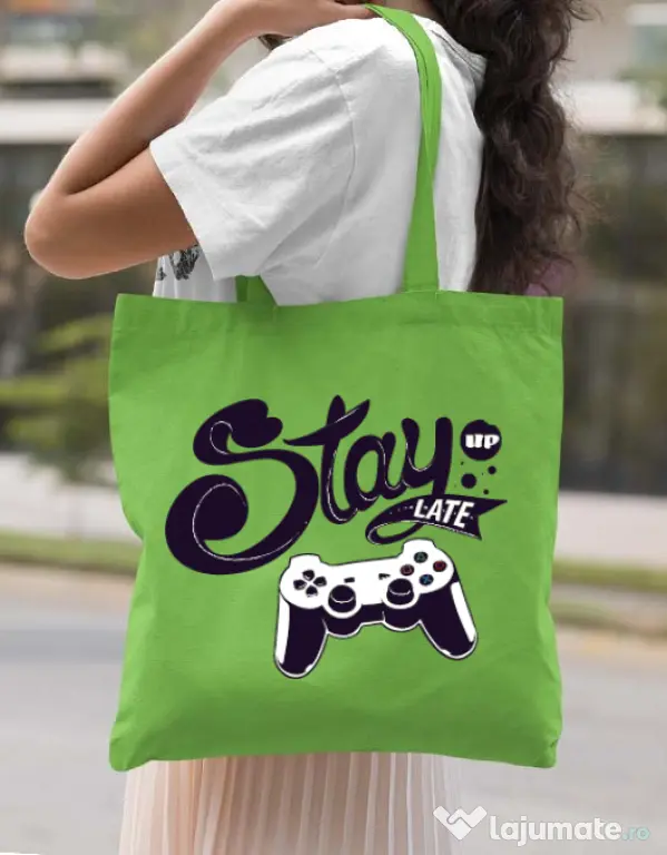 Sacosa din panza Stay up late Verde mar