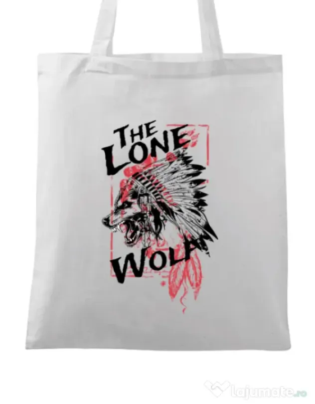 Sacosa din panza The lone wolf Alb
