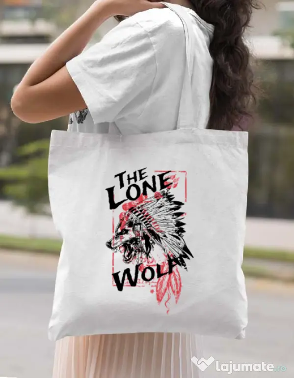 Sacosa din panza The lone wolf Alb