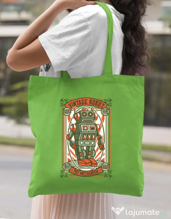 Sacosa din panza Vintage Robot Verde mar