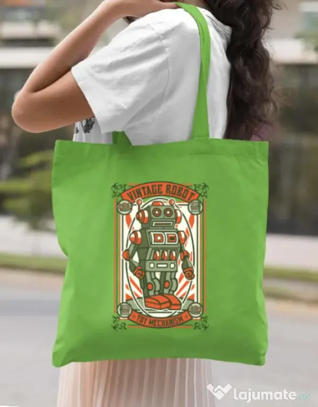 Sacosa din panza Vintage Robot Verde mar