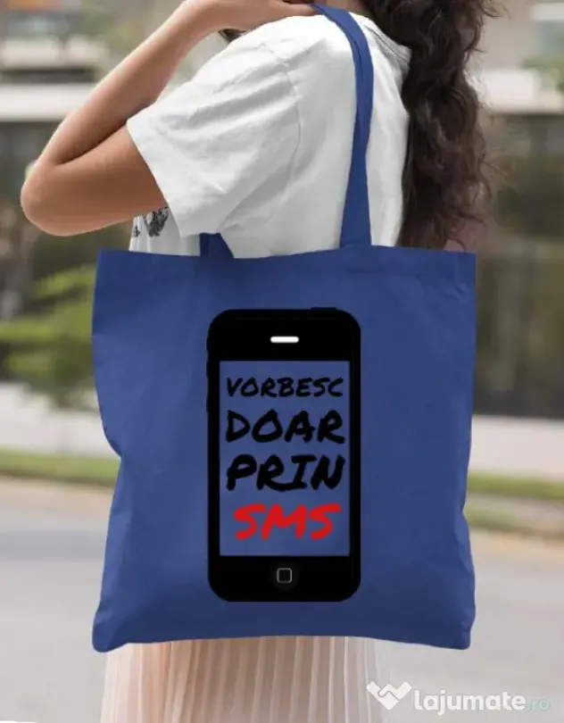 Sacosa din panza Vorbesc doar prin sms Albastru regal