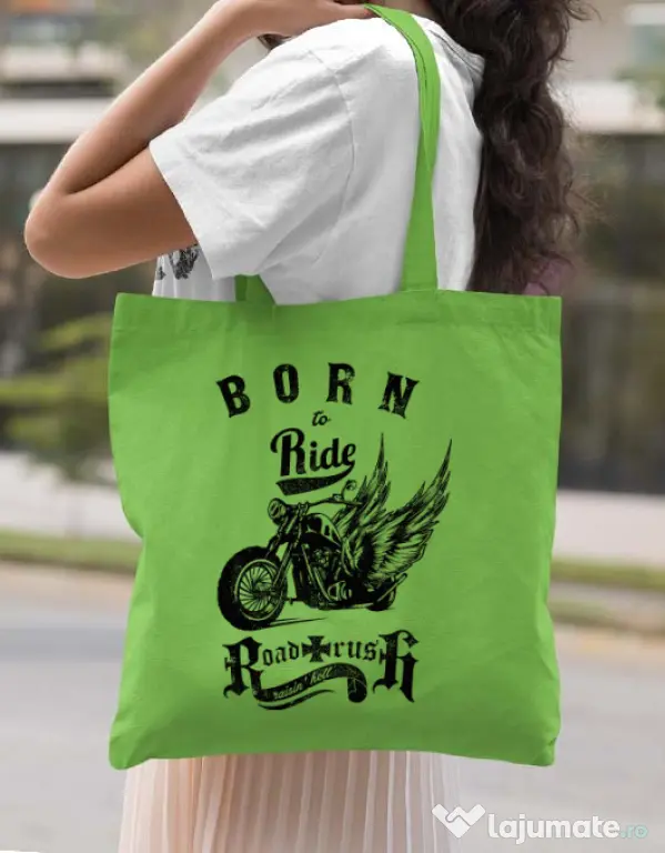 Sacosa din panza Born to ride Verde mar
