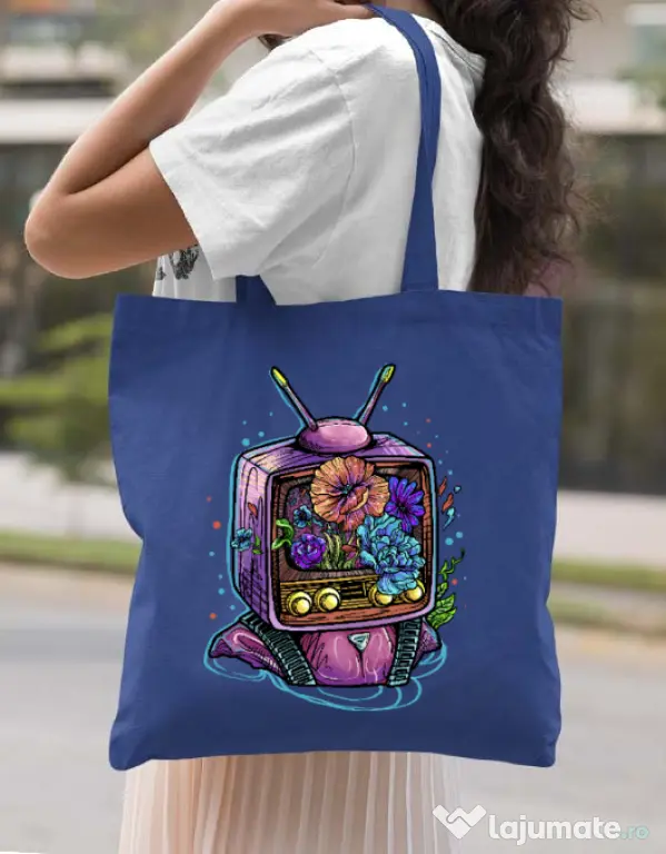 Sacosa din panza Flower television Albastru regal